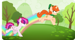 Size: 1920x1032 | Tagged: safe, artist:tkn297, derpibooru import, oc, oc only, oc:pink gidgit, pegasus, pony, unicorn, duo, female, hat, horn, leprechaun, mare, rainbow trail