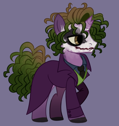 Size: 968x1024 | Tagged: safe, artist:wanderingpegasus, derpibooru import, pony, unicorn, anarchist, assassin, broken horn, clothes, cravat, crime boss, dc comics, gangster, horn, murderer, ponified, shirt, show accurate, solo, species swap, terrorist, the dark knight, the joker, trenchcoat, waistcoat