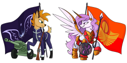 Size: 3335x1673 | Tagged: safe, artist:moonatik, derpibooru import, oc, oc only, oc:iron glamour, oc:laurits rutger, deer, pegasus, pony, armor, armored pony, artillery, boots, clothes, commission, deer oc, female, flag, gloves, gold, gun, lunar empire, male, mare, military uniform, non-pony oc, not celestia, pegasus oc, rifle, shield, shoes, simple background, solar empire, spear, transparent background, uniform, weapon