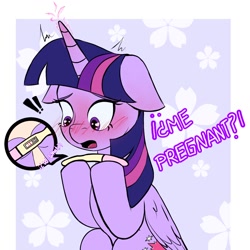 Size: 1280x1280 | Tagged: safe, artist:paracetamolnavo30, derpibooru import, twilight sparkle, twilight sparkle (alicorn), alicorn, pony, g4, blushing, dialogue, ears, female, floppy ears, hoof hold, mare, pregnancy test, pregnant, solo, spanish