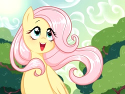 Size: 1600x1200 | Tagged: safe, artist:dd-mlp, derpibooru import, fluttershy, pegasus, pony, g4, bust, cute, eye clipping through hair, female, flower, flower in hair, mare, open mouth, open smile, outdoors, shyabetes, smiling, solo