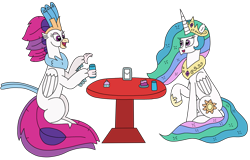 Size: 3040x1947 | Tagged: safe, artist:supahdonarudo, derpibooru import, princess celestia, queen novo, alicorn, classical hippogriff, hippogriff, g4, cake, cup, cupcake, food, holding, redraw, simple background, sitting, table, transparent background