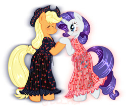 Size: 970x824 | Tagged: source needed, safe, artist:dd-mlp, derpibooru import, applejack, rarity, earth pony, pony, unicorn, bipedal, blushing, clothes, dancing, dress, female, heart, heart eyes, horn, lesbian, rarijack, shipping, signature, smiling, wingding eyes