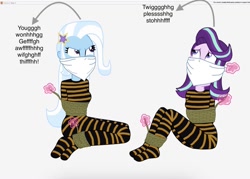 Size: 1280x918 | Tagged: safe, artist:robukun, derpibooru import, starlight glimmer, trixie, human, equestria girls, g4, bondage, cloth gag, clothes, deviantart, duo, duo female, female, footed sleeper, footie pajamas, gag, holiday themed sleepwear, muffled words, onesie, over the nose gag, pajamas, tied up