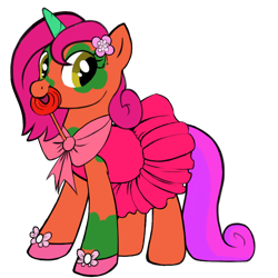 Size: 1024x1024 | Tagged: safe, derpibooru import, oc, oc only, unicorn, accessory, avatar maker: pony, ballerina, ballet slippers, bow, candy, candy in mouth, clothes, dress, food, horn, lollipop, makeup, mismatched mane and tail, multicolored tail, tail, unnamed oc