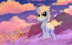 Size: 1920x1200 | Tagged: safe, artist:nootaz, derpibooru import, oc, oc only, oc:nootaz, pony, unicorn, butt, cloud, female, grass, grass field, horn, looking back, mare, outdoors, plot, sky, solo, sparkles, windswept mane