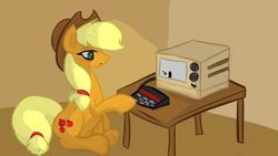 Size: 1366x768 | Tagged: safe, artist:anonymous, derpibooru import, earth pony, pony, g4, /mlp/, 2015, applejack's hat, cel shading, clothes, colored, computer, cowboy hat, cursor, drawthread, female, hat, indoors, mare, nostalgia critic, old computer, old tv, requested art, shading, sitting, solo, table, tv set, zx-81