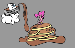 Size: 1070x690 | Tagged: safe, artist:anonymous, derpibooru import, pinkie pie, pony, g4, alternate style, boat, cloud, drawthread, female, food, full, giant food, gravy boat, gray background, holding belly, mare, pancakes, pouring, pun, requested art, simple background, sitting, solo, syrup