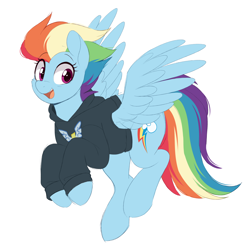 Size: 2360x2410 | Tagged: safe, artist:higglytownhero, derpibooru import, rainbow dash, pegasus, pony, g4, the last problem, clothes, eye clipping through hair, female, flying, high res, hoodie, looking at you, mare, my little pony: friendship is magic, older, older rainbow dash, simple background, smiling, solo, white background, wings