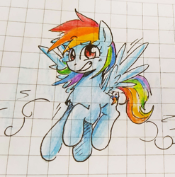 Size: 681x689 | Tagged: safe, artist:mirio_p2, derpibooru import, rainbow dash, pegasus, pony, g4, colored, flying, full body, full color, graph paper, solo, traditional art