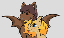 Size: 1158x697 | Tagged: safe, artist:jalemons, derpibooru import, oc, oc:aureus zest, oc:dusty eclipse, bat pony, unicorn, bat wings, blushing, cuddling, duo, duo focus, duo male, horn, male, totally not gay, wings