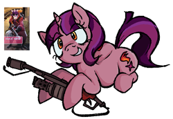 Size: 666x459 | Tagged: safe, artist:muffinz, derpibooru import, oc, oc only, pony, unicorn, crazy face, female, horn, mare, not starlight glimmer, not twilight sparkle, ponified, pyro (tf2), solo, species swap, team fortress 2, weapon