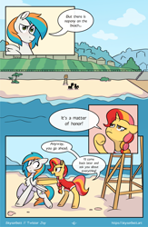 Size: 1522x2339 | Tagged: safe, artist:skysorbett, derpibooru import, oc, oc only, oc:peach bubble, oc:twister joy, pegasus, pony, unicorn, comic:breaking free #2, beach, clothes, comic, female, horn, lifeguard, male, mare, ocean, one-piece swimsuit, outdoors, stallion, swimsuit, water