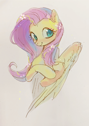 Size: 1680x2383 | Tagged: safe, artist:shiqiuzhu, derpibooru import, fluttershy, pegasus, pony, g4, cute, female, flower, flower in hair, looking at you, mare, shyabetes, smiling, solo