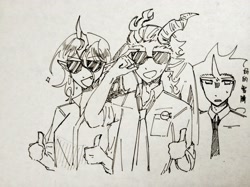 Size: 4160x3112 | Tagged: safe, artist:reiki, derpibooru import, discord, king sombra, queen chrysalis, human, g4, clothes, horn, horned humanization, humanized, necktie, sunglasses