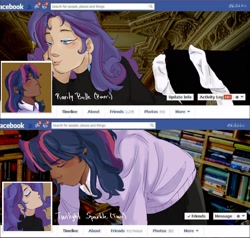 Size: 2044x1945 | Tagged: safe, artist:killektric, derpibooru import, rarity, twilight sparkle, human, bed, bedroom eyes, blushing, book, bookshelf, clothes, cute, dark skin, duo, duo female, ear piercing, earring, eyes closed, eyeshadow, facebook, feet, female, humanized, jewelry, lesbian, lying down, makeup, meme, pants, piercing, ponified, ponified meme, prone, raribetes, rarilight, shipping, shirt, socks, stocking feet, sweater, the pose, twiabetes