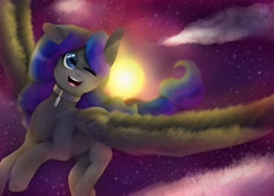 Size: 2560x1829 | Tagged: safe, artist:dorry, derpibooru import, oc, oc only, pegasus, pony, cloud, cloudy, collar, female, female oc, flying, looking at you, mare, mare oc, old art, one ear down, one eye closed, open mouth, open smile, outdoors, pegasus oc, reflection, signature, sky, smiling, smiling at you, solo, spread wings, stars, sun, sunset, wings