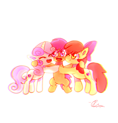 Size: 2620x2728 | Tagged: safe, artist:jaanhavi, derpibooru import, apple bloom, scootaloo, sweetie belle, earth pony, pegasus, pony, unicorn, cmc day, cutie mark crusaders, eyes closed, female, filly, foal, group hug, high res, horn, hug, one eye closed, open mouth, open smile, simple background, smiling, trio, trio female, white background