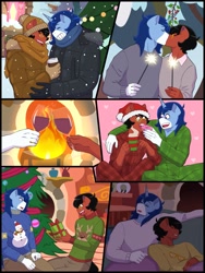 Size: 1537x2048 | Tagged: safe, artist:shallowwin, derpibooru import, oc, oc:benjamin terrance tover, oc:crystal glaze, anthro, earth pony, unicorn, alcohol, anthro oc, background, christmas, christmas tree, comic, commission, drink, earth pony oc, gay, hat, heart, holiday, horn, kissing, love, male, oc x oc, present, romance, romantic, santa hat, shipping, sleeping, snow, stallion, stallion on stallion, tree, unicorn oc