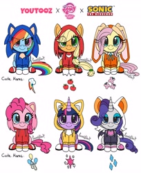 Size: 3336x4096 | Tagged: safe, artist:kawaiiklau, derpibooru import, applejack, fluttershy, pinkie pie, rainbow dash, rarity, twilight sparkle, twilight sparkle (alicorn), alicorn, earth pony, pegasus, pony, unicorn, amy rose, boots, clothes, cosplay, costume, cream the rabbit, crossover, female, gloves, hoodie, horn, knuckles the echidna, mane six, mare, miles "tails" prower, rouge the bat, shoes, simple background, sitting, sonic the hedgehog, sonic the hedgehog (series), white background, youtooz, youtooz mlp design competition