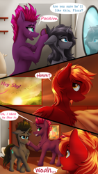 Size: 2160x3840 | Tagged: safe, artist:crimsonwolf360, derpibooru import, tempest shadow, oc, oc:crimson sky, oc:midnight shadow, pegasus, pony, unicorn, g4, bathroom, bedroom, blood, blushing, chest fluff, comic, haircut, herd, horn, indoors, mohawk, nervous, nosebleed, smiling, speech bubble, sunset