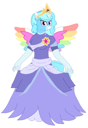 Size: 1280x1858 | Tagged: safe, artist:mlp-headstrong, derpibooru import, oc, oc only, oc:jemimasparkle, alicorn, anthro, the last problem, breasts, busty oc, clothes, colored wings, crown, curtsey, cute, dress, evening gloves, female, gloves, gown, jewelry, long gloves, mare, multicolored wings, ocbetes, rainbow wings, regalia, second coronation dress, smiling, wings