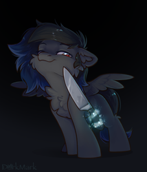 Size: 1651x1930 | Tagged: safe, artist:dorkmark, derpibooru import, oc, oc only, oc:shadowguy, pegasus, pony, cheek fluff, chest fluff, chibi, ear fluff, ears, knife, knife cat, magic, pegasus oc, solo, telekinesis, wings