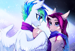 Size: 5000x3435 | Tagged: safe, artist:teturirusu, derpibooru import, oc, oc only, oc:brooke, oc:taco, pegasus, pony, unicorn, absurd resolution, clothes, commission, couple, female, halfbody, horn, looking at each other, looking at someone, male, mare, scarf, snow, snowfall, snowflake, spread wings, stallion, wings, winter, ych result