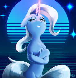 Size: 2117x2152 | Tagged: safe, artist:jphyperx, derpibooru import, trixie, pony, unicorn, g4, blushing, chest fluff, chromatic aberration, crossed hooves, cute, diatrixes, ecstasy, female, glowing, glowing horn, horn, retrowave, sad, synthwave