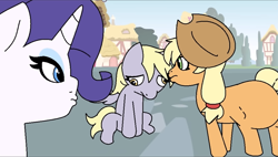 Size: 1900x1080 | Tagged: safe, artist:tamers12345, derpibooru import, applejack, derpy hooves, rarity, earth pony, pegasus, unicorn, g4, applejack's hat, clothes, cowboy hat, female, hat, horn, looking at someone, mare, my little pony: starsong and toola roola come to visit, outdoors, ponyville, sad, sad pony, sitting