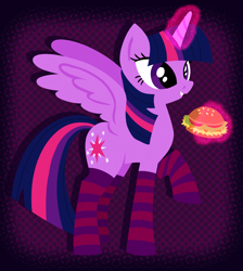 Size: 2867x3198 | Tagged: safe, artist:catponything, derpibooru import, twilight sparkle, twilight sparkle (alicorn), alicorn, pony, g4, burger, clothes, food, hay burger, levitation, magic, magic aura, raised hoof, raised leg, smiling, socks, spread wings, standing on three hooves, striped socks, telekinesis, that pony sure does love burgers, twilight burgkle, wings