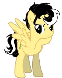 Size: 5500x6882 | Tagged: safe, artist:alicesponycorner, derpibooru import, oc, oc only, oc:alice azalea, pegasus, g4, adobe, black hair, emoji, full body, green eyes, high res, lidded eyes, pondering, raised hoof, raised leg, render, show accurate, simple background, skunk stripe, spread wings, thinking, transparent background, wings, yellow coat, 🤔