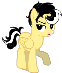 Size: 5500x6433 | Tagged: safe, artist:alicesponycorner, derpibooru import, oc, oc only, oc:alice azalea, pegasus, g4, adobe, black hair, full body, green eyes, high res, looking back, open mouth, raised hoof, raised leg, render, show accurate, simple background, skunk stripe, suspicious, transparent background, yellow coat