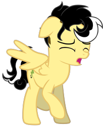 Size: 5500x6734 | Tagged: safe, artist:alicesponycorner, derpibooru import, oc, oc only, oc:alice azalea, pegasus, g4, adobe, black hair, crying, ears, floppy ears, full body, green eyes, high res, open mouth, pain, raised hoof, raised leg, render, sad, show accurate, simple background, skunk stripe, spread wings, transparent background, wings, yellow coat