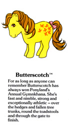 Size: 550x1000 | Tagged: safe, derpibooru import, butterscotch (g1), earth pony, pony, g1, bow, closed mouth, cute, female, g1 adorascotch, g1 backstory, mare, my little pony fact file, official, smiling, solo, tail, tail bow, text