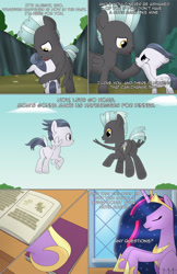 Size: 1989x3072 | Tagged: safe, artist:anonymousandrei, derpibooru exclusive, derpibooru import, princess twilight 2.0, rumble, thunderlane, twilight sparkle, twilight sparkle (alicorn), alicorn, pegasus, pony, comic:rumble and the tree of harmony, g4, bait and switch, book, brothers, classroom, colt, comic, dialogue, everfree forest, female, flying, foal, hoof shoes, hug, jewelry, male, mare, older, older twilight, older twilight sparkle (alicorn), ravine, regalia, siblings, stallion, talking, teary eyes