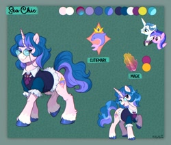 Size: 1750x1487 | Tagged: safe, artist:birdoffnorth, derpibooru import, fancypants, sea swirl, seafoam, oc, oc:sea chic, pony, unicorn, g4, clothes, coat markings, cravat, facial markings, female, fusion, fusion:fancypants, fusion:sea swirl, glasses, horn, lidded eyes, looking at you, male, mare, passepartout, reference sheet, shirt, smiling, smiling at you, snip (coat marking), socks (coat marking), stallion, unshorn fetlocks, vest