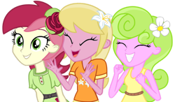 Size: 1280x749 | Tagged: safe, artist:media1997, derpibooru import, daisy, flower wishes, lily, lily valley, roseluck, human, equestria girls, g4, clothes, equestria girls-ified, eyes closed, female, flower trio, simple background, transparent background, trio, trio female