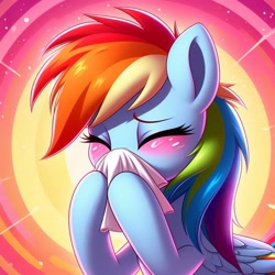 Size: 1024x1024 | Tagged: safe, ai content, derpibooru import, generator:bing image creator, generator:dall-e 3, machine learning generated, rainbow dash, pegasus, g4, cute, dashabetes, eyes closed, female, mare, nose blowing, prompter:heydude5321, rainbow dash is best pony, solo, tissue