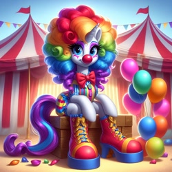 Size: 1024x1024 | Tagged: safe, ai content, derpibooru import, generator:bing image creator, generator:dall-e 3, machine learning generated, rarity, anthro, unicorn, g4, balloon, bowtie, box, circus, clothes, clown, clown nose, clown outfit, horn, prompter:heydude5321, rainbow wig, red nose, shoes, wig