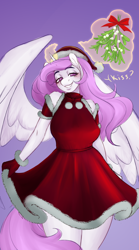 Size: 1614x2910 | Tagged: safe, artist:evlass, derpibooru import, princess celestia, anthro, belly, belly button, big breasts, bra, breasts, christmas, clothes, commission, female, gloves, hat, holiday, mistletoe, princess breastia, princess molestia, santa dress, santa hat, socks, solo, thigh highs, underwear, ych sketch, your character here