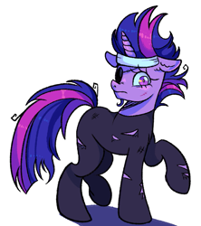 Size: 675x761 | Tagged: safe, artist:kreeeeeez, derpibooru import, twilight sparkle, unicorn twilight, unicorn, bandage, clothes, ear fluff, ears, eyepatch, frown, future twilight, horn, messy mane, messy tail, raised hoof, raised leg, scar, shadow, simple background, solo, tail, torn clothes, white background