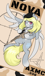 Size: 3000x5000 | Tagged: safe, artist:sealedseal, derpibooru import, oc, oc only, oc:nova "snowflake" frost, pegasus, pony, semi-anthro, female, mare, solo, weapon