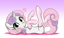 Size: 3000x1811 | Tagged: safe, artist:anonymous, derpibooru import, sweetie belle, pony, unicorn, g4, blank flank, blushing, clothes, female, filly, foal, gradient background, heart, horn, lace, lying down, on back, socks, solo