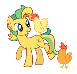 Size: 6899x6619 | Tagged: safe, artist:alicesponycorner, derpibooru import, oc, oc only, oc:hippy dippy, bird, chicken, earth pony, pony, g4, animal, ear piercing, green eyes, male, piercing, ponysona, raised hoof, raised leg, show accurate, smiling, solo, stallion, yellow coat