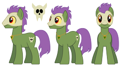 Size: 2052x1120 | Tagged: safe, artist:rocio_violeta24, derpibooru import, oc, oc only, oc:shuffle, earth pony, pony, colored sclera, earth pony oc, jewelry, male, mask, necklace, red eyes, simple background, skull, solo, standing, transparent background, tribal pony, yellow sclera