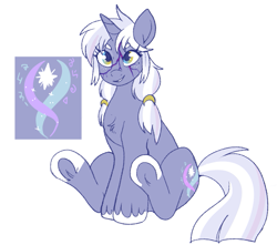 Size: 957x846 | Tagged: safe, artist:lulubell, derpibooru import, oc, oc only, oc:glitter matrix, pony, unicorn, beauty mark, colored hooves, female, freckles, frog (hoof), gradient eyes, hooves, horn, magic scar, mare, offspring, parent:night light, parent:twilight velvet, parents:nightvelvet, pigtails, scar, simple background, sitting, solo, two toned eyes, underhoof, unicorn oc, unshorn fetlocks, white background, white hooves