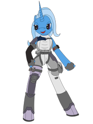 Size: 2449x3266 | Tagged: safe, artist:timejumper, derpibooru import, trixie, oc, oc:bellatrix dreams, semi-anthro, unicorn, g4, armor, bag, belt, bodysuit, boots, clothes, harness, horn, military, shoes, socks, solo, tactical, thigh highs