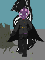 Size: 2449x3266 | Tagged: safe, artist:timejumper, derpibooru import, oc, oc only, oc:valentina, semi-anthro, unicorn, blind, boots, cape, clothes, gloves, horn, outdoors, portal, shoes, skirt, skirt suit, solo, suit, thigh boots, tree stump