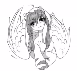 Size: 2700x2524 | Tagged: safe, artist:opalacorn, derpibooru import, oc, oc only, oc:aura, hybrid, pegasus, pony, zebra, zony, black and white, eye clipping through hair, female, folded wings, grayscale, large wings, looking at you, lying down, mare, monochrome, prone, simple background, solo, white background, wings, zebrasus, zony oc